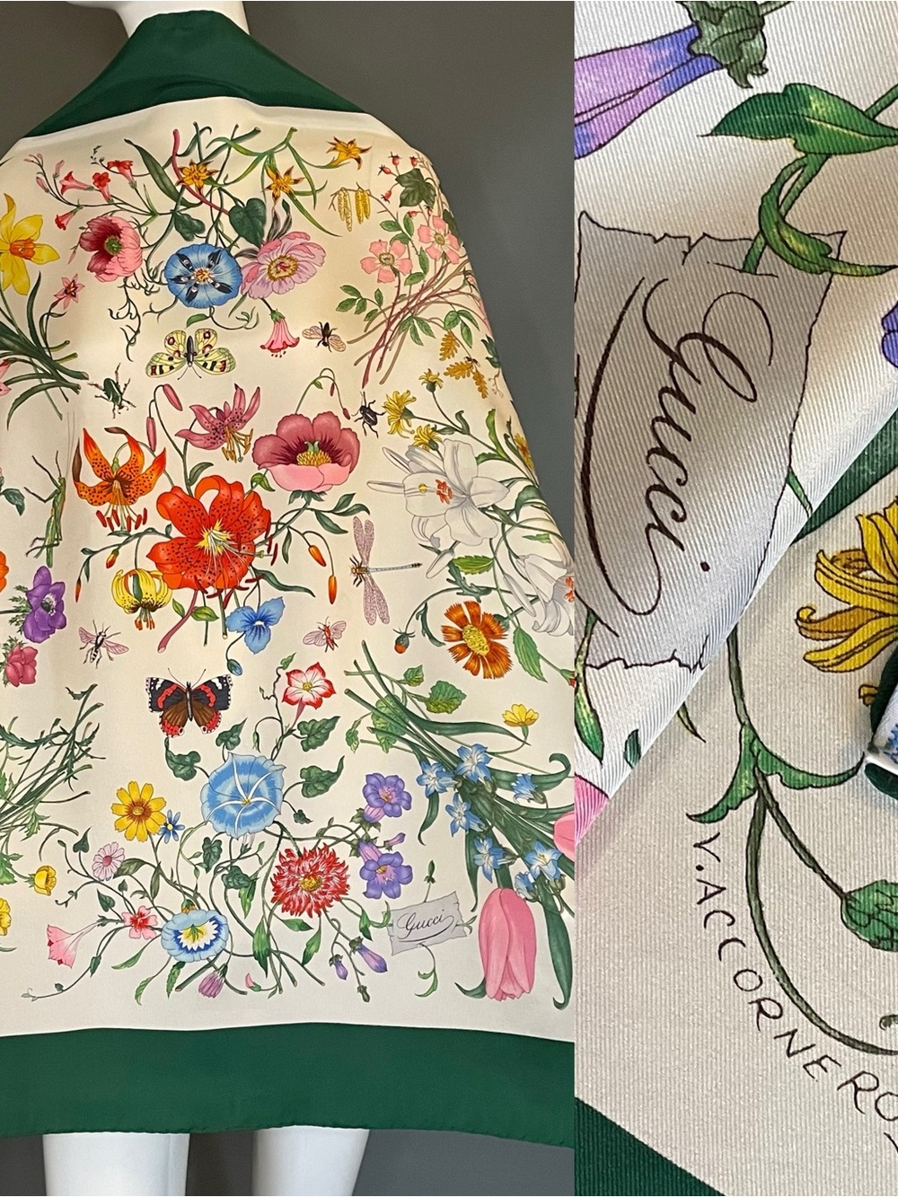 Must Have Gucci Flora Silk Scarf Green Border 34 In Very Good Cond Accornero